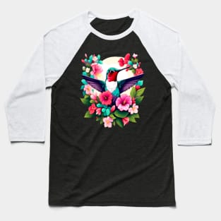 Cute Ruby Throated Hummingbird Surrounded by Spring Flowers Baseball T-Shirt